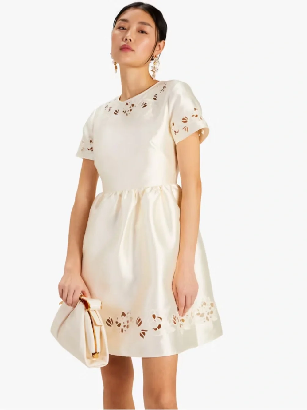 Kate Spade NWT‎ French Cream Embossed Cutout Mini Dress White Satin Fit Flare 2